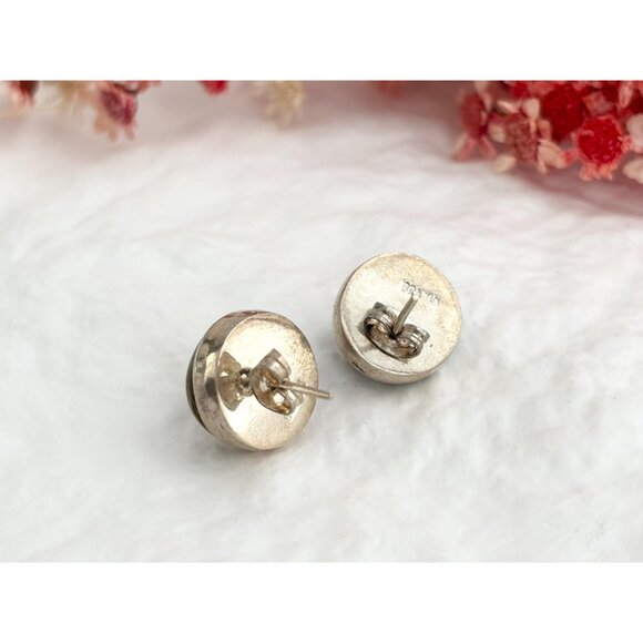 Iridescent Stoned Round Cut Bezel Set Vintage Sterling Silver 925 Stud Earrings - Picture 3 of 9
